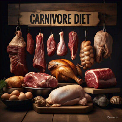 Assorted animal protein foods including raw beef, cooked chicken, and pork