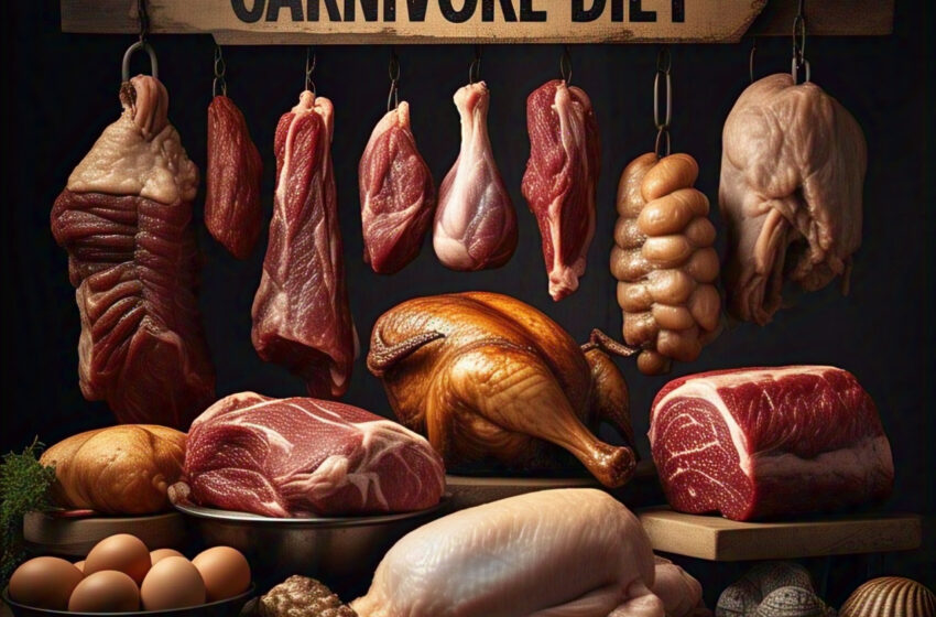 Assorted animal protein foods including raw beef, cooked chicken, and pork