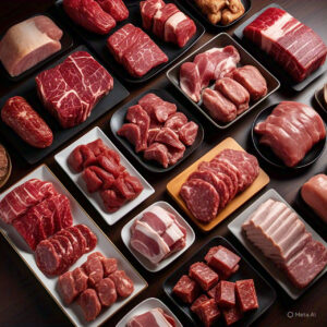 Assorted animal protein foods including raw beef, cooked chicken, and pork