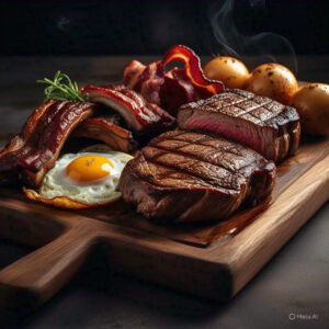 Carnivore diet platter with steak, eggs, bacon, and ribs