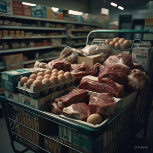 Shopping cart with meats and eggs for a carnivore diet grocery haul